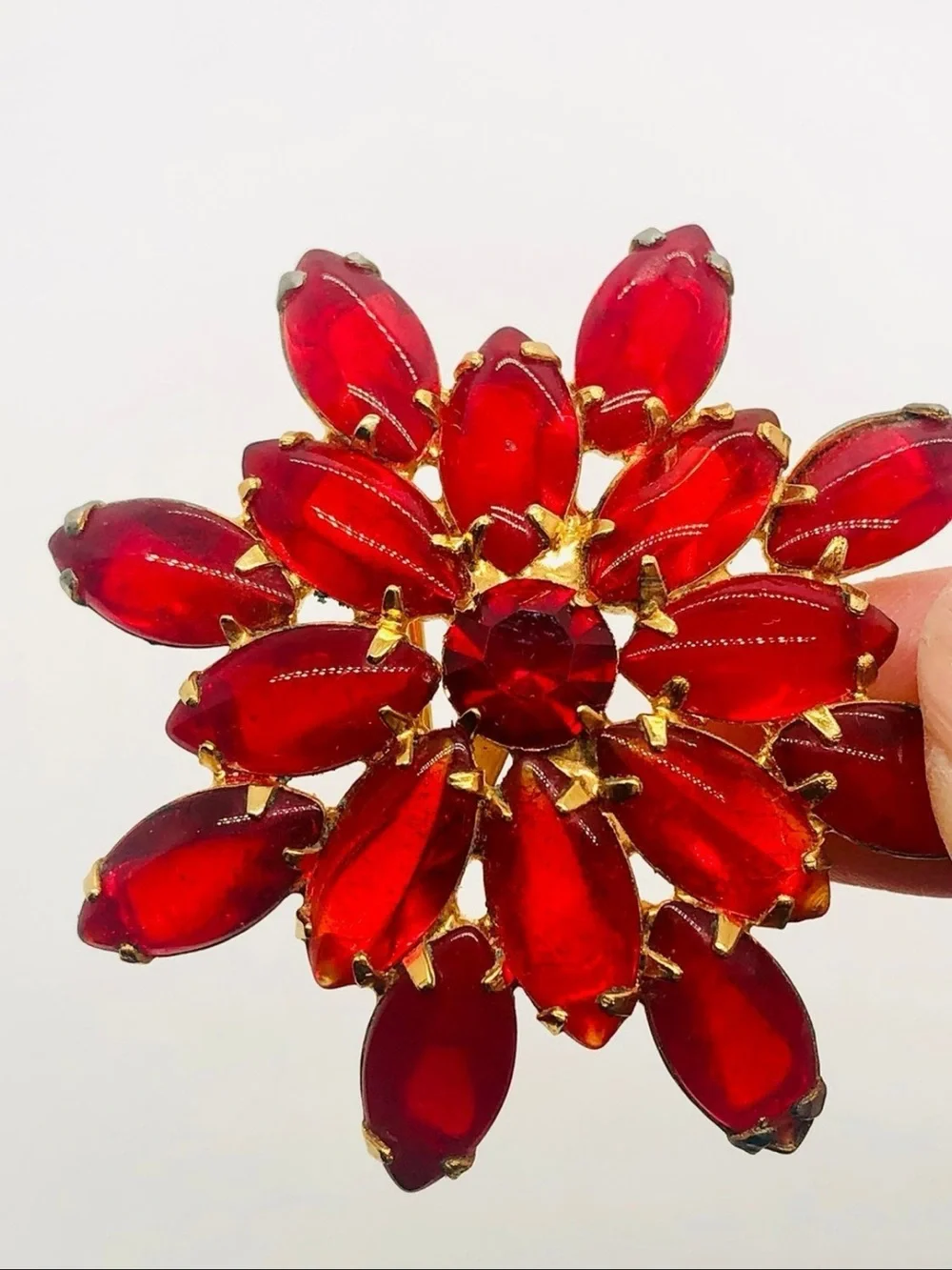 Vintage cherry red flower rhinestone brooch